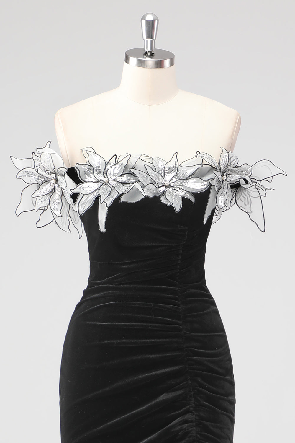 Black Ruched 3D Flowers Mermaid Formal Dress with Slit