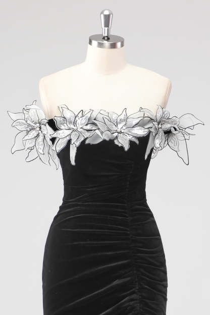 Black Ruched 3D Flowers Mermaid Formal Dress with Slit