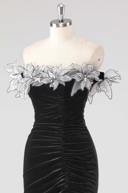 Black Ruched 3D Flowers Mermaid Formal Dress with Slit