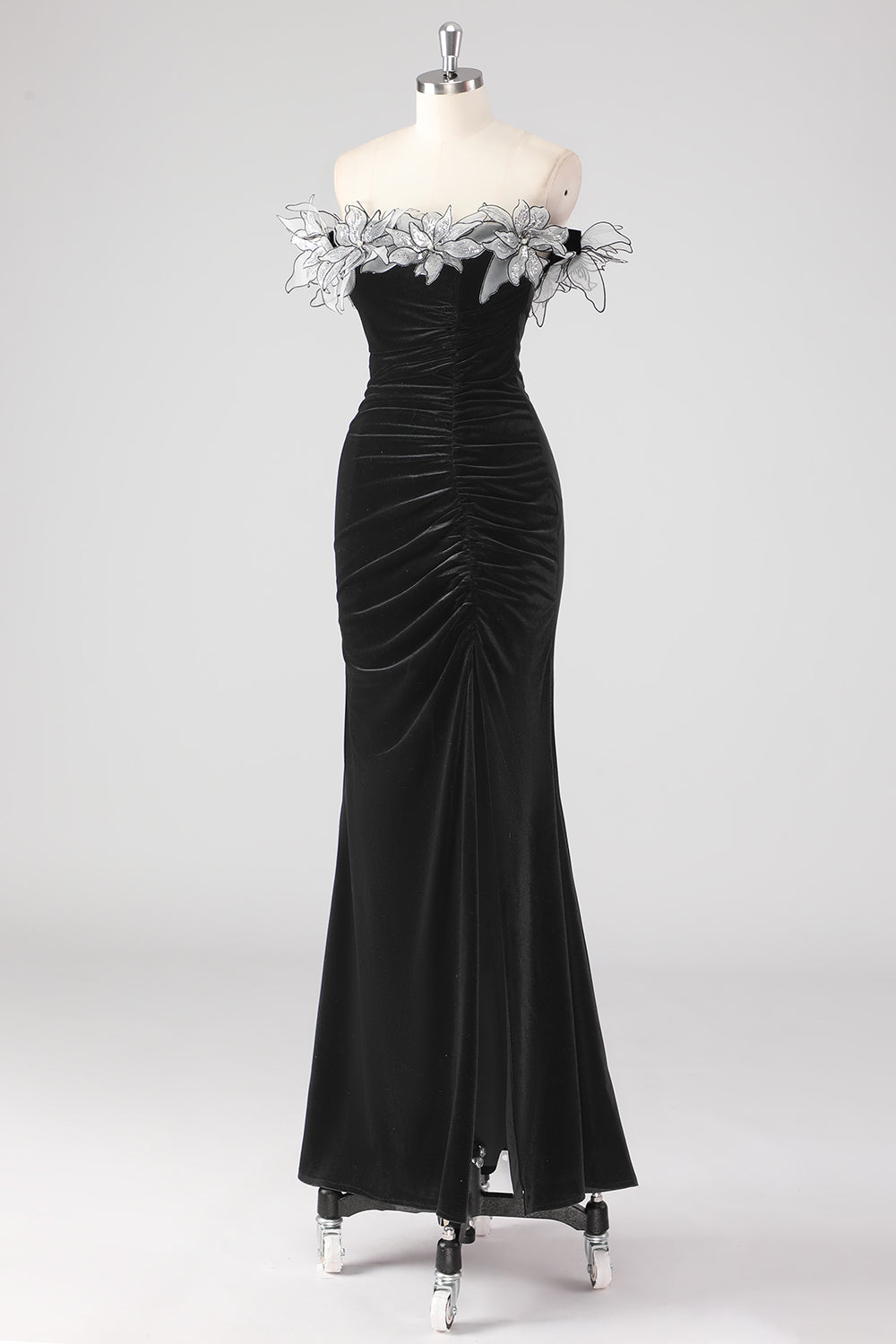 Black Ruched 3D Flowers Mermaid Formal Dress with Slit