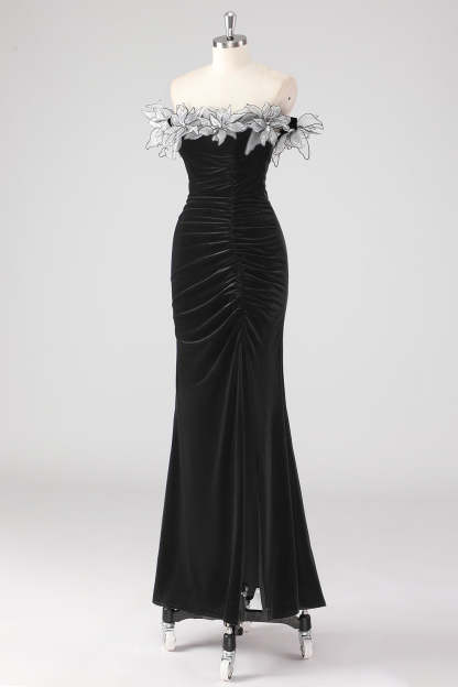 Black Ruched 3D Flowers Mermaid Formal Dress with Slit