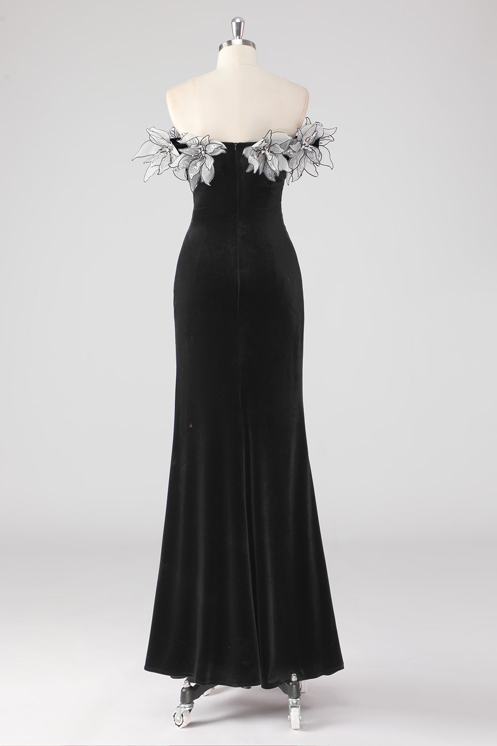Black Ruched 3D Flowers Mermaid Formal Dress with Slit