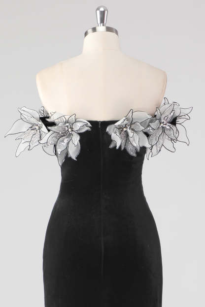 Black Ruched 3D Flowers Mermaid Formal Dress with Slit