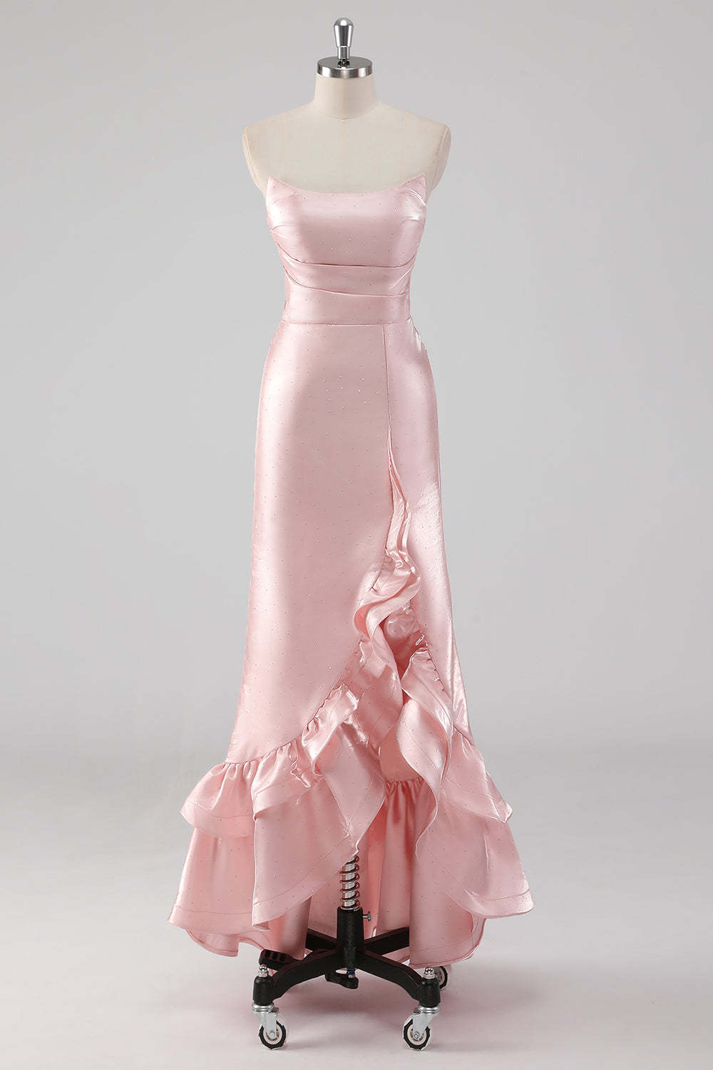 Leely Women Pink Ruffled Sheath Formal Dress with Slit Strapless High Low Wedding Guest Dress