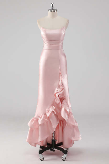 Leely Women Pink Ruffled Sheath Formal Dress with Slit Strapless High Low Wedding Guest Dress