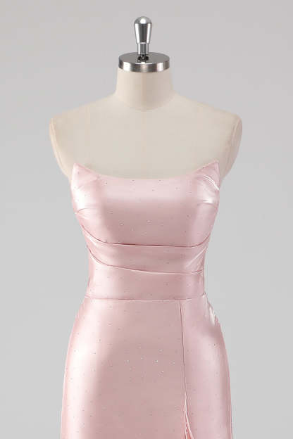 Pink Strapless Ruffled Sheath Formal Dress with Slit