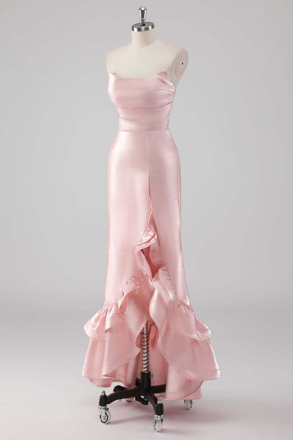 Pink Strapless Ruffled Sheath Formal Dress with Slit