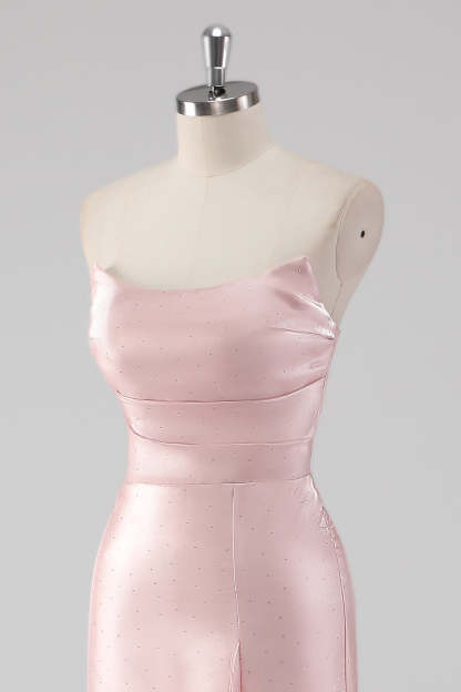 Pink Strapless Ruffled Sheath Formal Dress with Slit