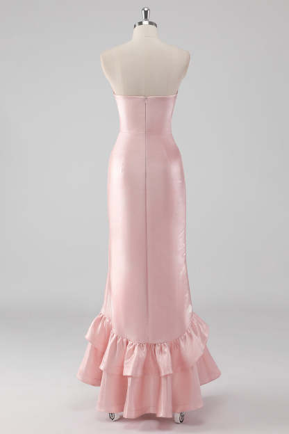Pink Strapless Ruffled Sheath Formal Dress with Slit