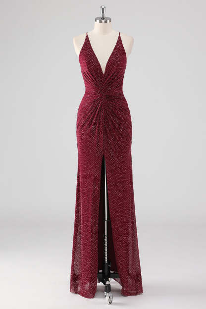 Leely Women Sparkly Burgundy Sheath Formal Dress with Slit V Neck Twist Front Long Wedding Guest Dress with Rhinestones