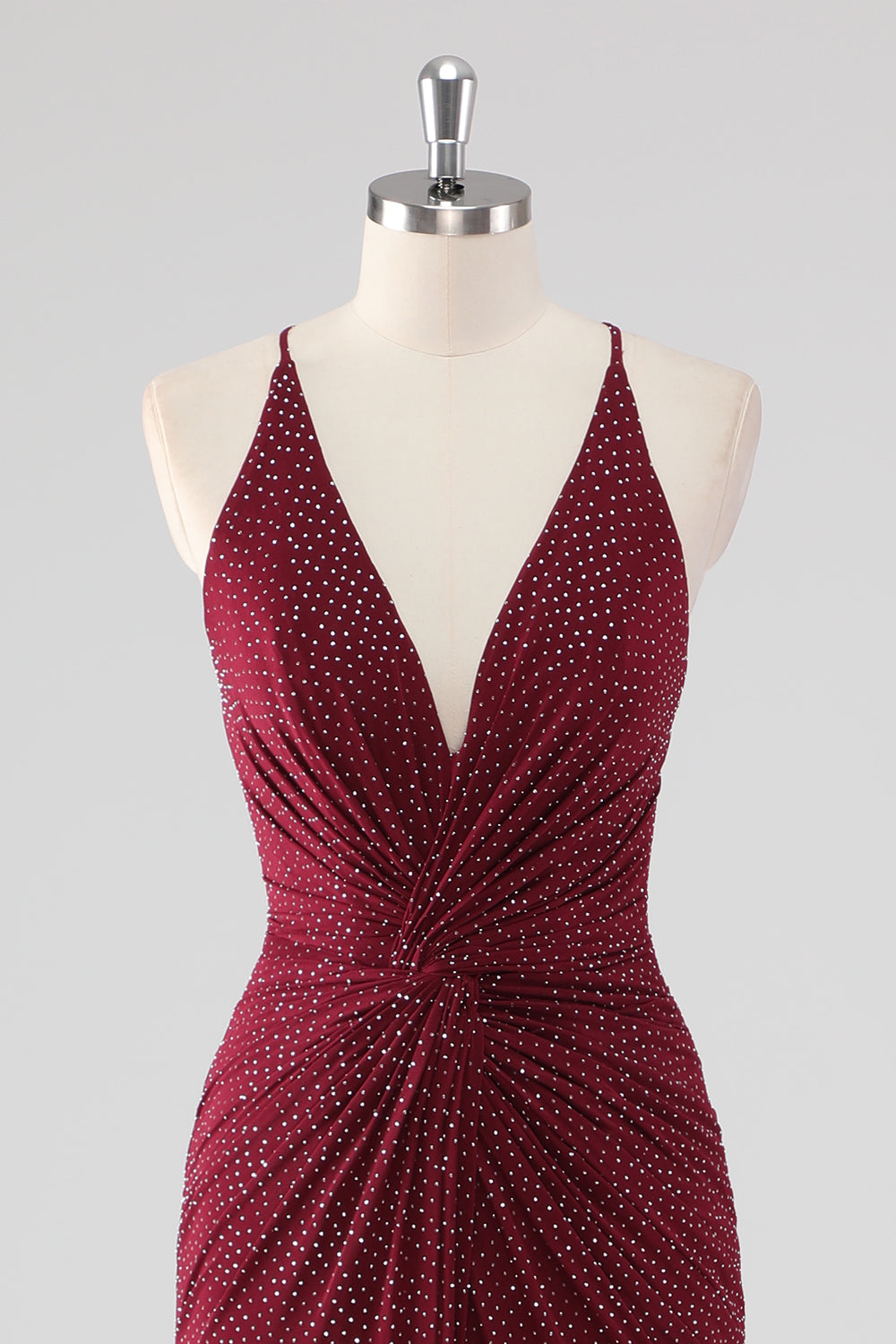 Sparkly Burgundy Twist Front Sheath Formal Dress with Slit