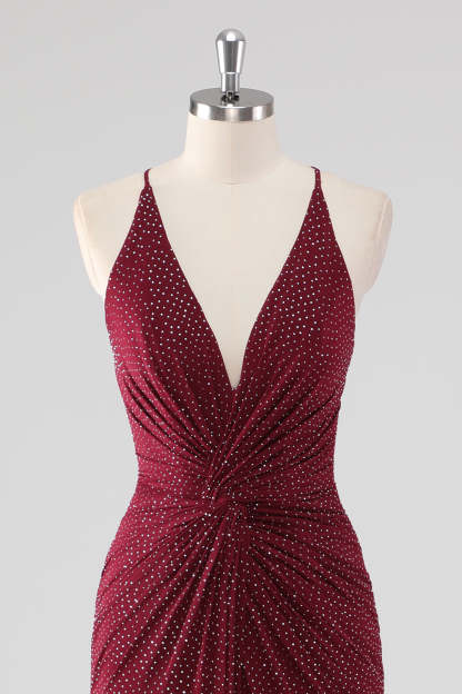 Sparkly Burgundy Twist Front Sheath Formal Dress with Slit