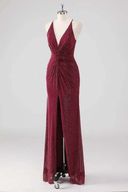 Sparkly Burgundy Twist Front Sheath Formal Dress with Slit