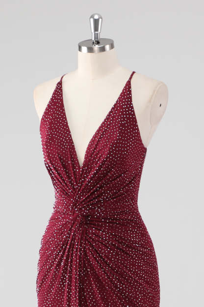 Sparkly Burgundy Twist Front Sheath Formal Dress with Slit
