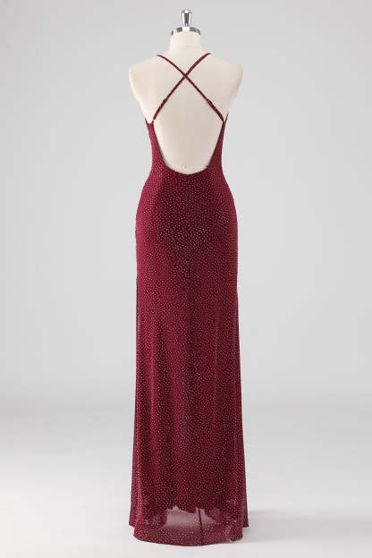 Sparkly Burgundy Twist Front Sheath Formal Dress with Slit