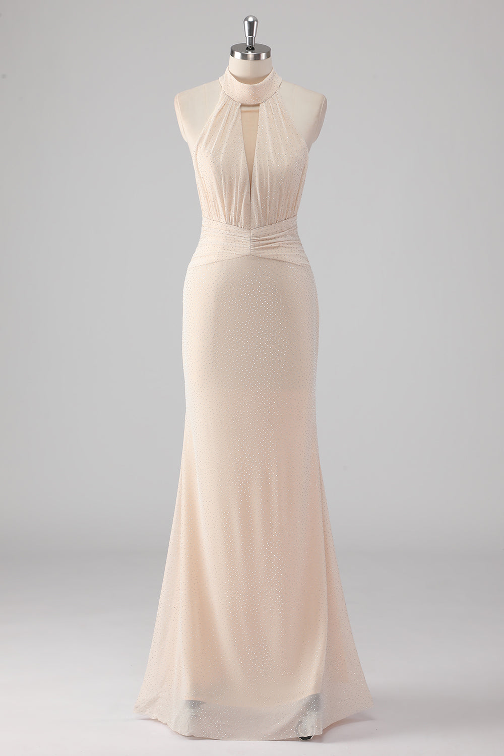 Leely Women Glitter Cream Halter Mermaid Formal Dress Keyhole Backless Long Wedding Guest Dress with Rhinestones