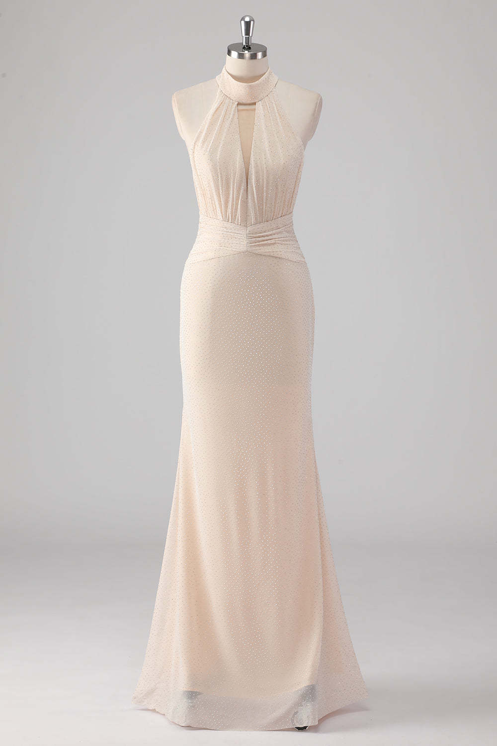 Leely Women Glitter Cream Halter Mermaid Formal Dress Keyhole Backless Long Wedding Guest Dress with Rhinestones