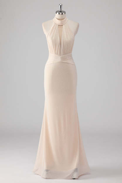 Leely Women Glitter Cream Halter Mermaid Formal Dress Keyhole Backless Long Wedding Guest Dress with Rhinestones