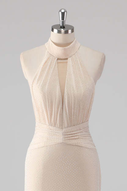 Glitter Cream Halter Keyhole Mermaid Formal Dress