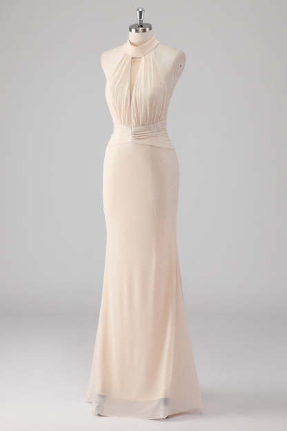 Glitter Cream Halter Keyhole Mermaid Formal Dress