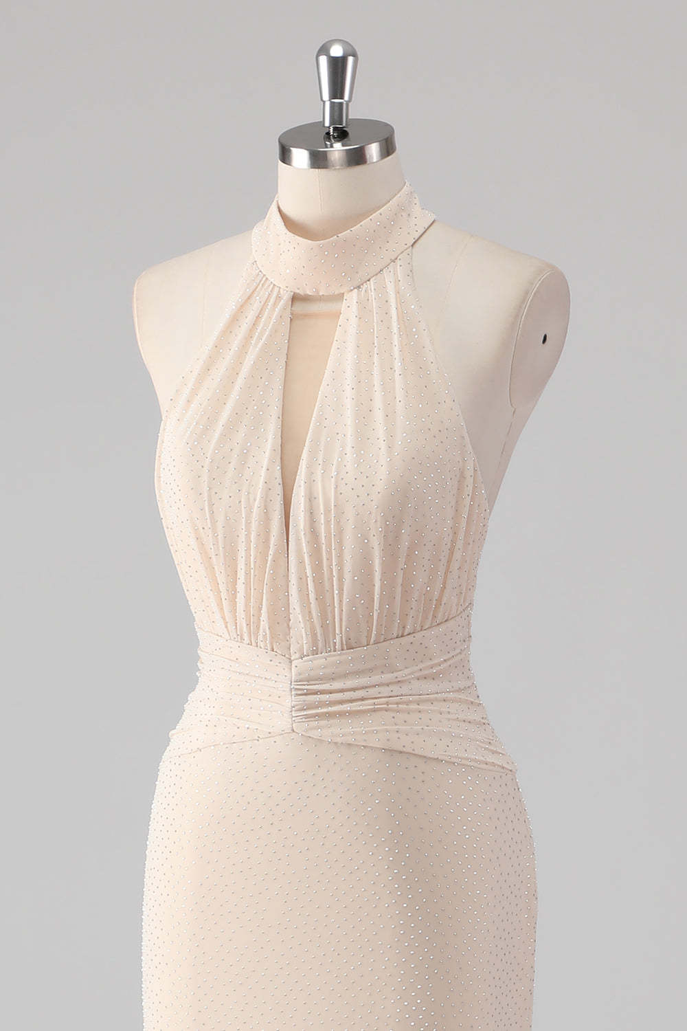 Glitter Cream Halter Keyhole Mermaid Formal Dress