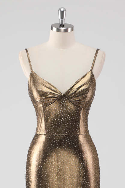 Metallic Golden Spaghetti Straps Mermaid Formal Dress