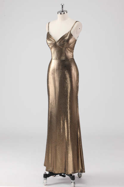 Metallic Golden Spaghetti Straps Mermaid Formal Dress