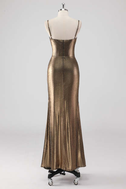 Metallic Golden Spaghetti Straps Mermaid Formal Dress