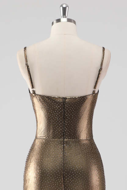 Metallic Golden Spaghetti Straps Mermaid Formal Dress
