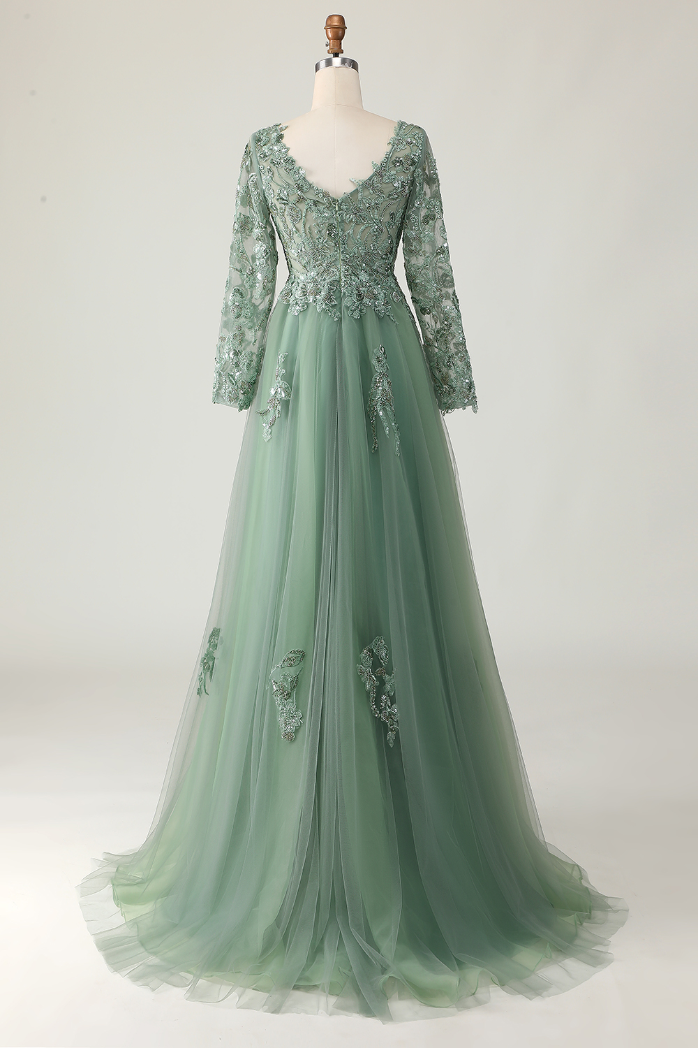 V-Neck Sage Applique A-Line Pleated Formal Dress