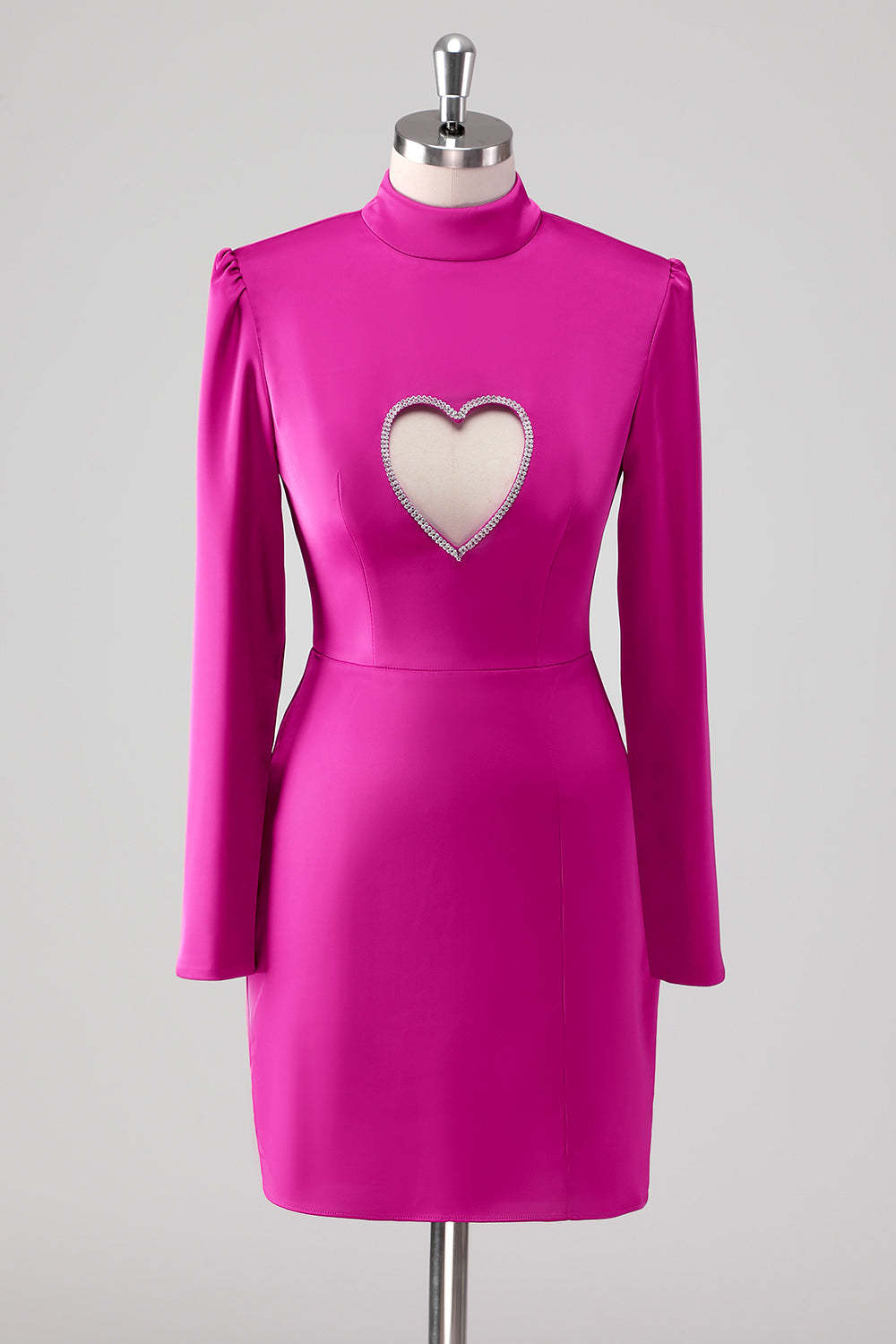 Leely Women Fuchsia Keyhole Bodycon Short Formal Dress Long Sleeves Sheath Wedding Guest Dress with Heart