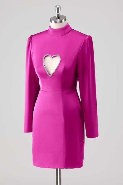 Fuchsia Long Sleeves Keyhole Bodycon Short Formal Dress