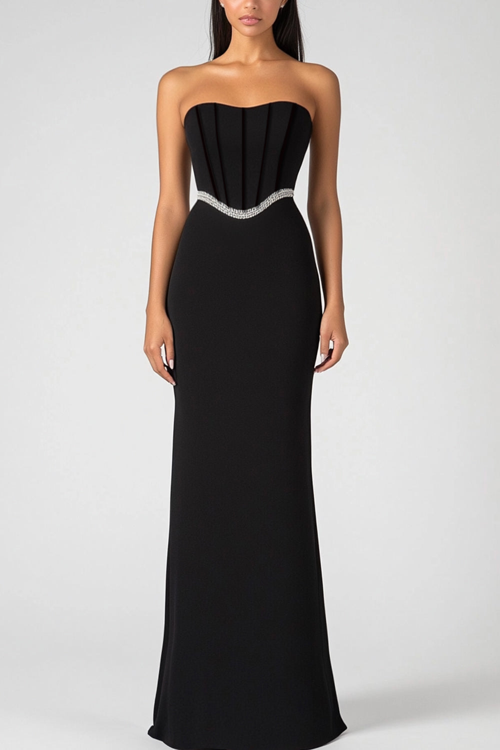 Leely Women Black Strapless Sheath Formal Dress with Rhinestone Belt Maxi Evening Gala Dress