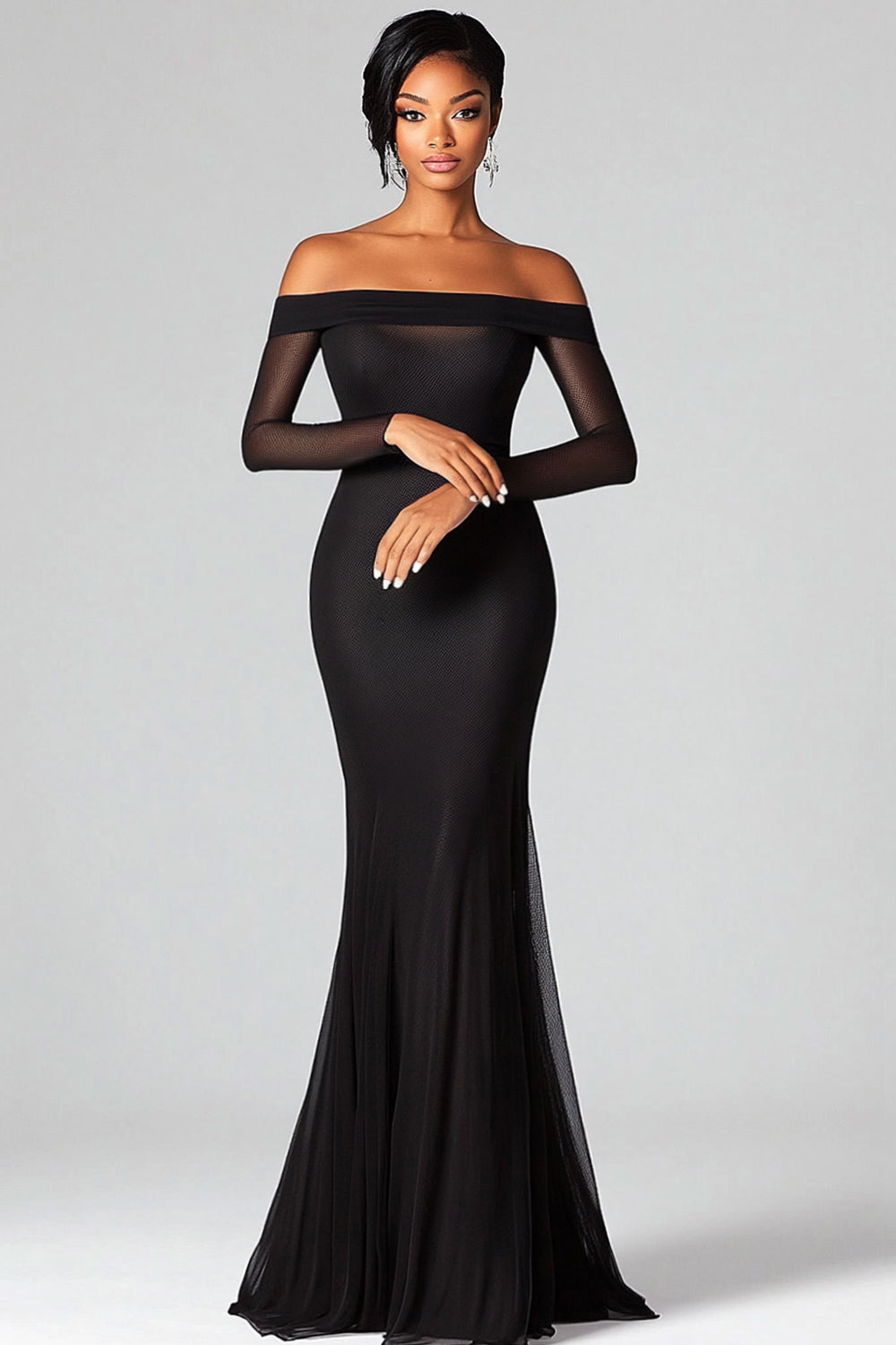 Leely Women Black Mermaid Off the Shoulder Formal Dress Long Sheer Sleeves Maxi Evening Gala Dress