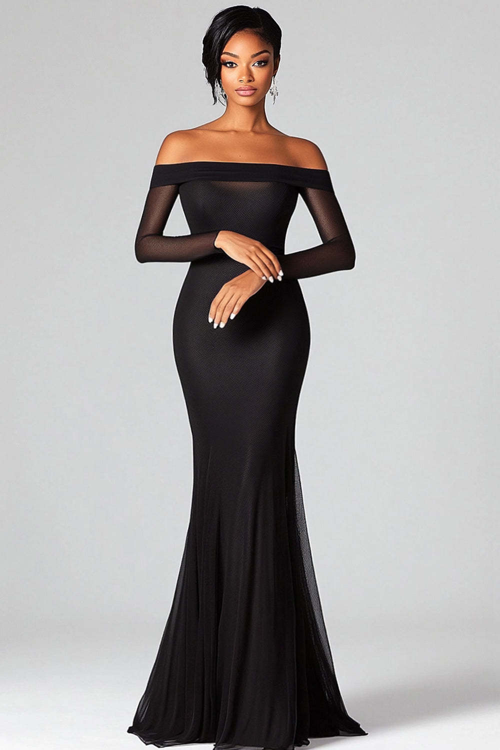Leely Women Black Mermaid Off the Shoulder Formal Dress Long Sheer Sleeves Maxi Evening Gala Dress