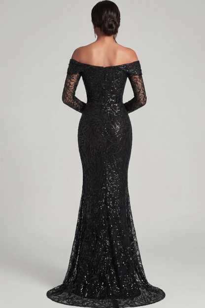Black Lace Mermaid Long Off the Shoulder Formal Dress with Sleeves
