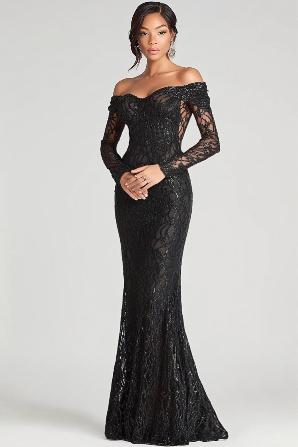 Leely Women Lace Black Mermaid Off the Shoulder Formal Dress Long Sleeves Floor Length Gala Dress