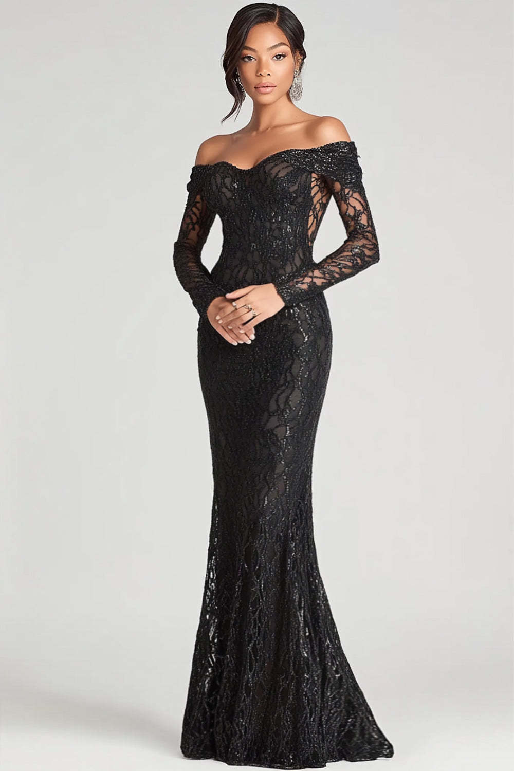 Leely Women Lace Black Mermaid Off the Shoulder Formal Dress Long Sleeves Floor Length Gala Dress