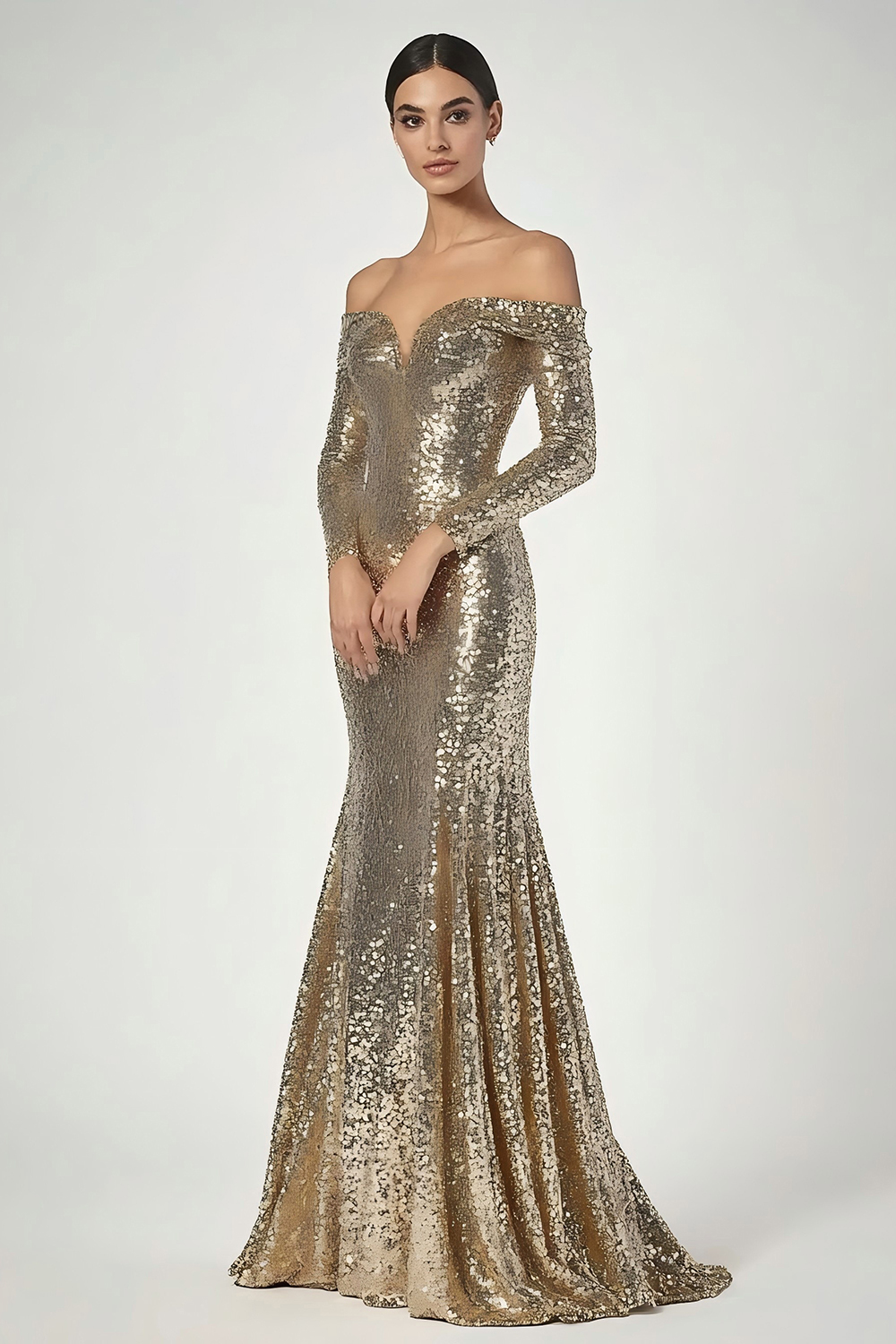 Leely Women Sparkly Golden Sequined Sheath Formal Dress Off the Shoulder Maxi Evening Gala Dress