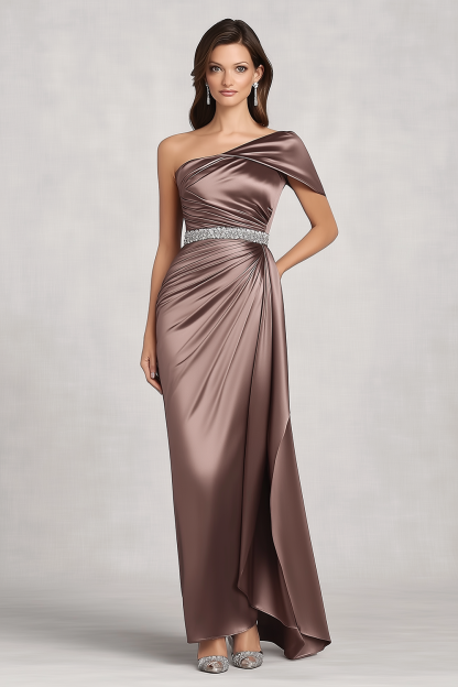 Leely Women Taupe Ruched Sheath Formal Dress with Side Cape One Shoulder Satin Rhinestone Wedding Guest Dress