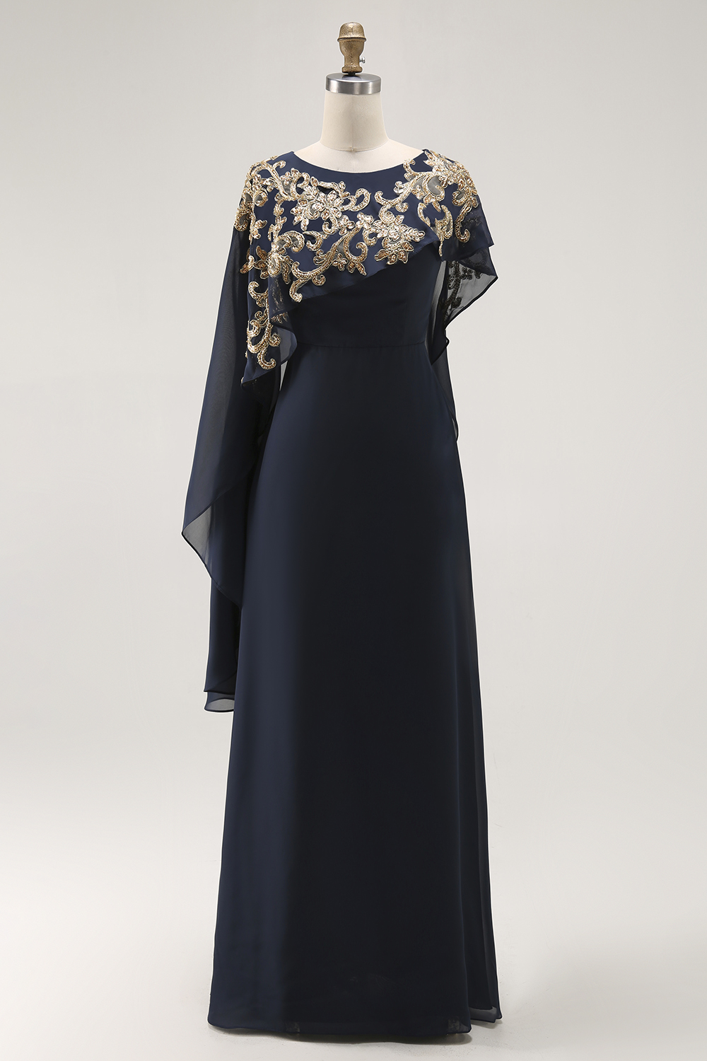 Navy Beaded Chiffon Sheath Mother of the Bride Dress with Shawl Overlay