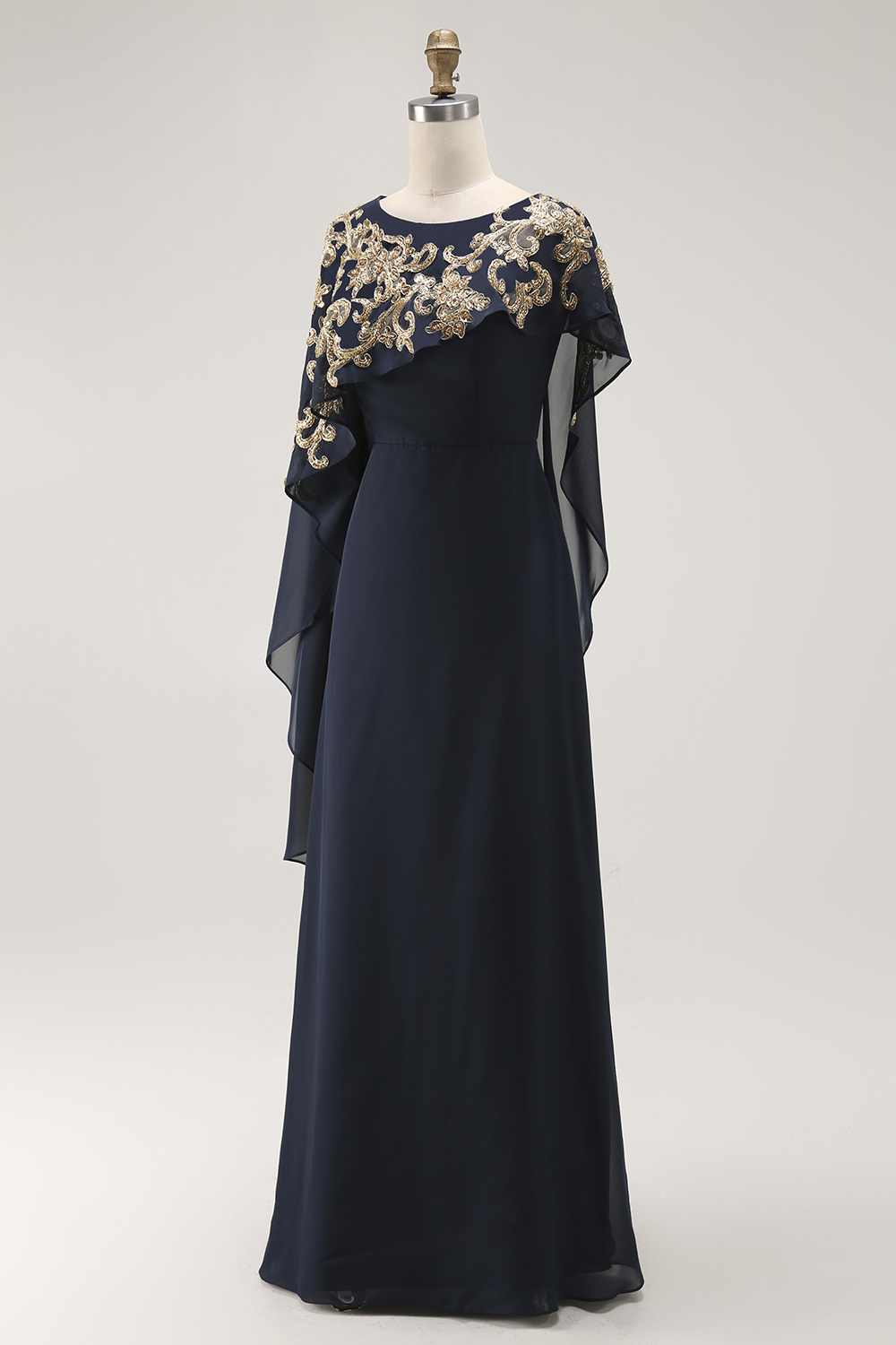 Navy Long Beaded Chiffon Sheath Mother of the Bride Dress with Shawl
