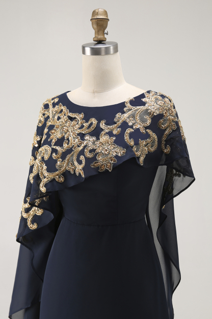 Navy Long Beaded Chiffon Sheath Mother of the Bride Dress with Shawl