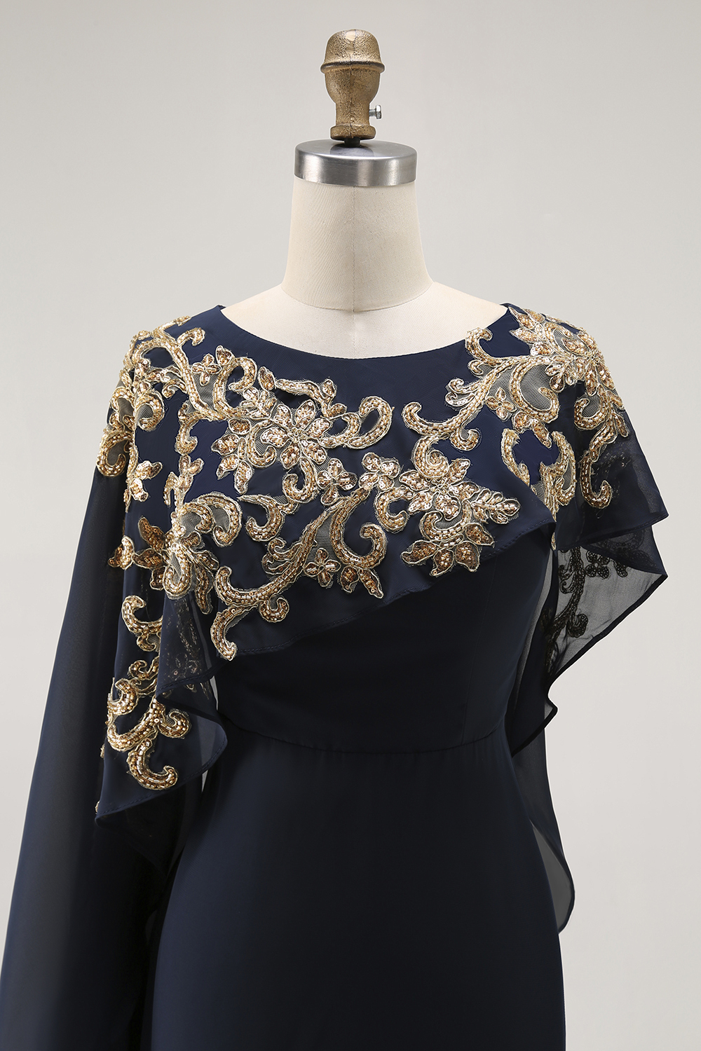 Navy Long Beaded Chiffon Sheath Mother of the Bride Dress with Shawl
