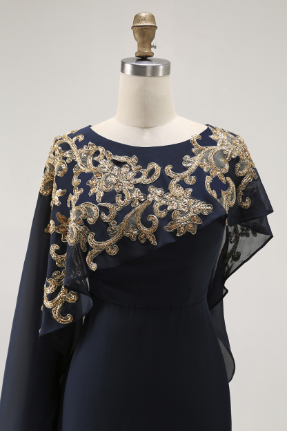 Navy Long Beaded Chiffon Sheath Mother of the Bride Dress with Shawl