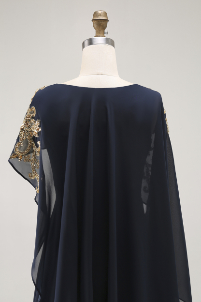 Navy Long Beaded Chiffon Sheath Mother of the Bride Dress with Shawl