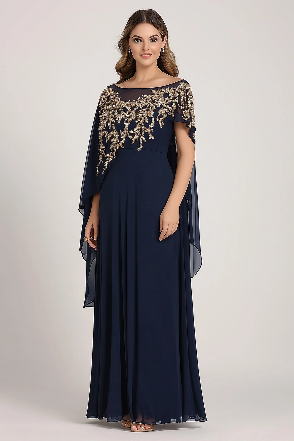 Leely Women Navy Beaded Chiffon Mother of the Bride Dress with Shawl Overlay Sheath Maxi Wedding Guest Dress