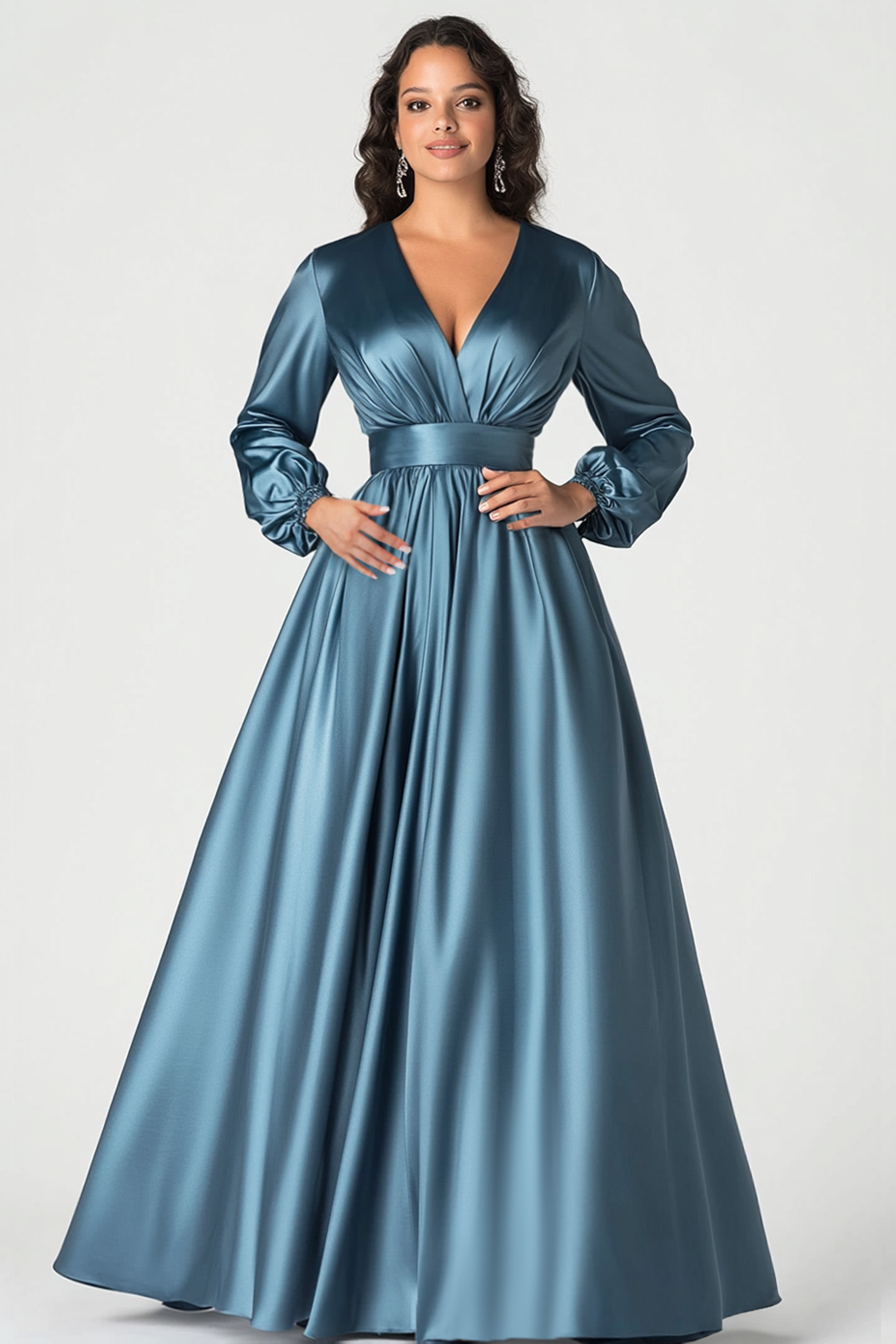 Leely Women Grey Blue Satin A-Line Mother of the Bride Dress V-Neck Long Sleeves Wedding Guest Dress