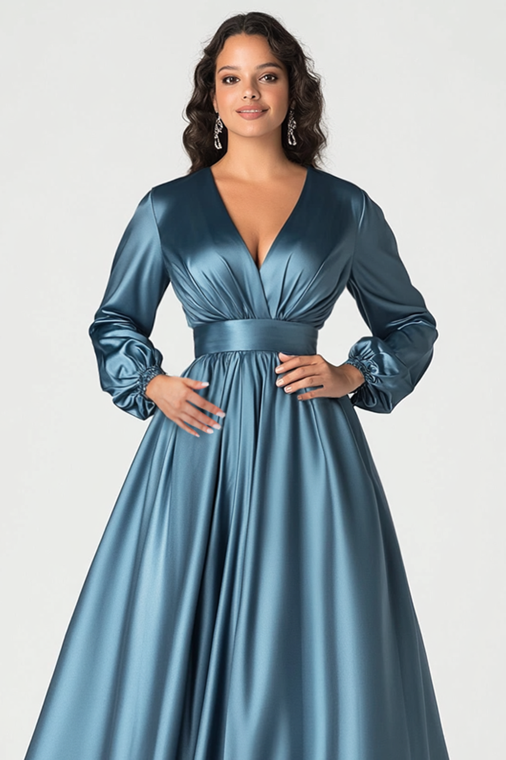 Grey Blue Satin A-Line Mother of the Bride Dress with Long Sleeves