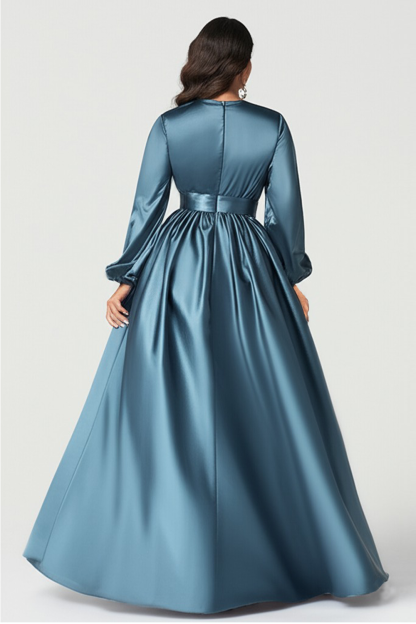 Grey Blue Satin A-Line Mother of the Bride Dress with Long Sleeves